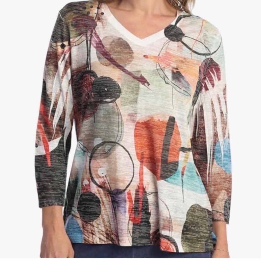 NEW Jess & Jane 2X Toscana Abstract Art Print V-Neck‎ 3/4 Sleeve Burnout Top